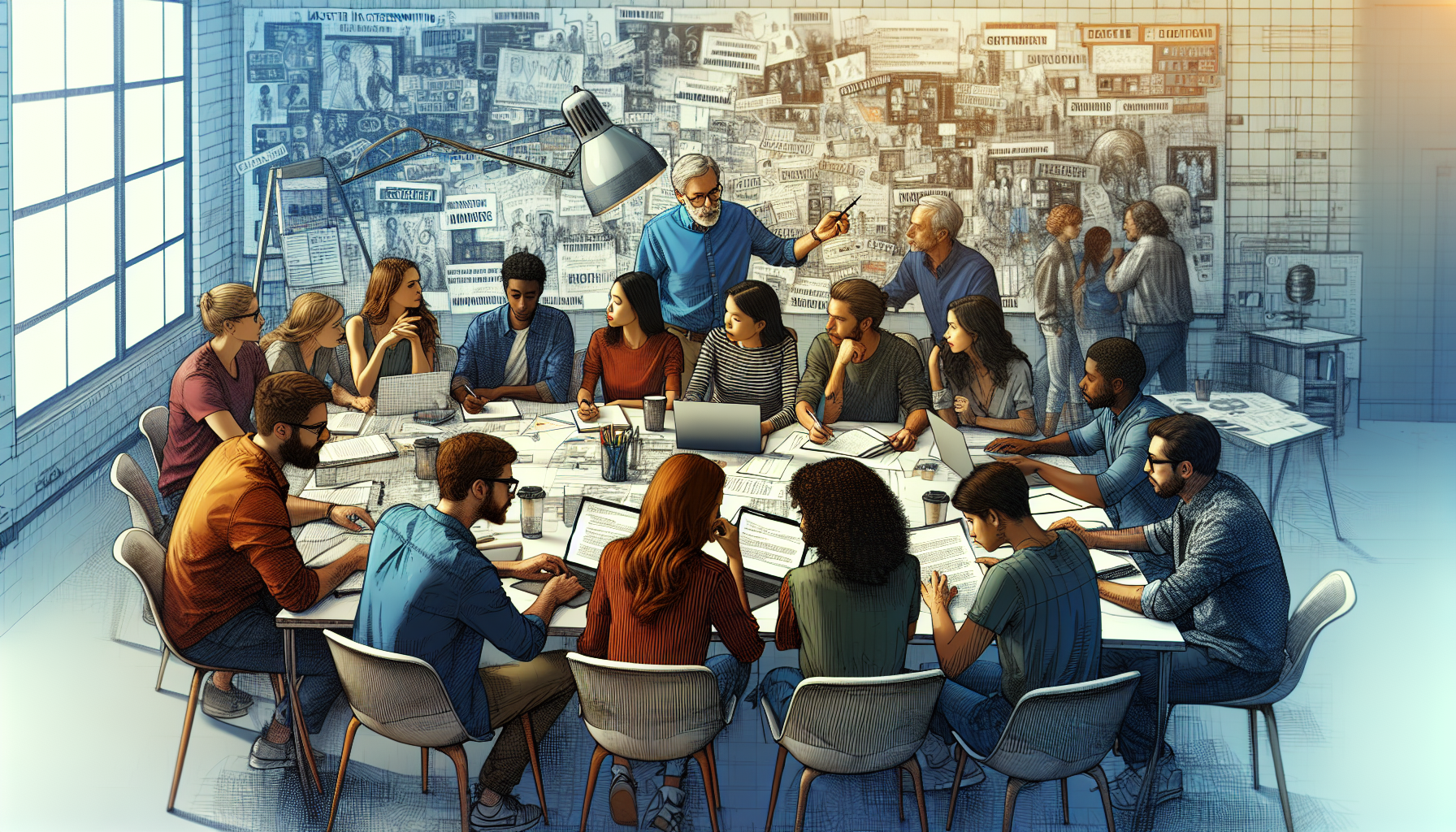 Create an image that features a diverse group of students gathered around a table cluttered with laptops, notebooks, and screenplay drafts, deeply engaged in a creative brainstorming session. Nearby, a seasoned mentor with a warm, encouraging expression, offers feedback and guidance. In the background, there are whiteboards filled with character sketches, plot diagrams, and notes, emphasizing the collaborative and hands-on nature of their learning environment. The vibe should be dynamic and inspiring, reflecting the energy and potential that comes with pursuing a Master in Screenwriting.