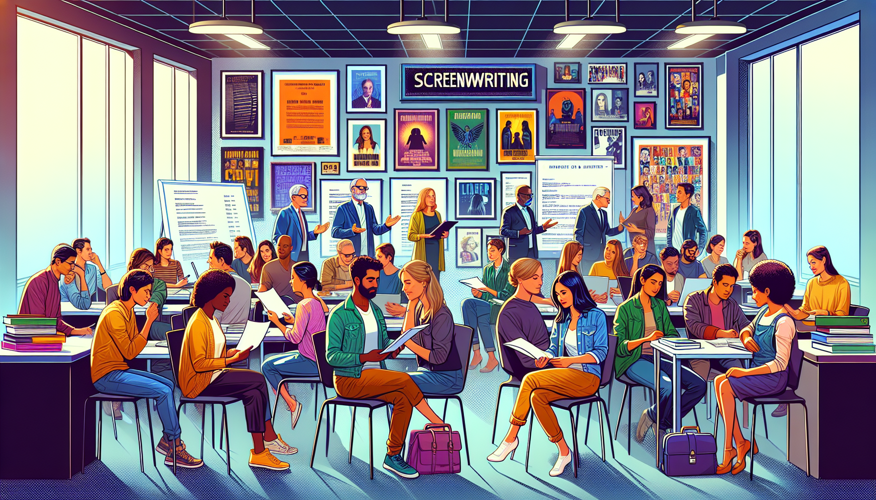 Create an image of a diverse group of adult students in a vibrant, contemporary classroom setting deeply engaged in a screenwriting workshop. The students are collaborating, jotting down ideas, and discussing animatedly. The backdrop features framed scripts, movie posters, and a large screen displaying an industry-standard script format. In one corner, a mentor guides a student with personalized feedback, while another student proudly displays a polished portfolio filled with scripts. The atmosphere should radiate creativity, collaboration, and a sense of future success in the world of screenwriting.