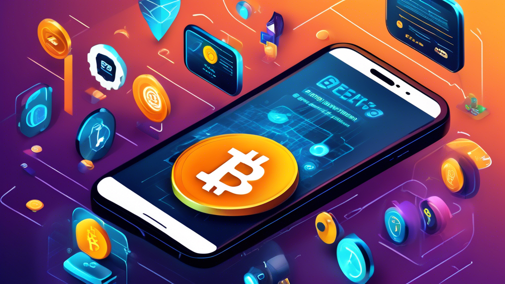 A high-quality digital illustration depicting key features of the best app for crypto trading. The image includes icons representing top security measures like encryption and regulatory compliance, an intuitive and user-friendly interface on a smartphone, a wide variety of cryptocurrency options, low fees and transparent transaction costs, and symbols for excellent customer support and educational resources. The background should be sleek and modern, conveying a sense of advanced technology and financial growth.