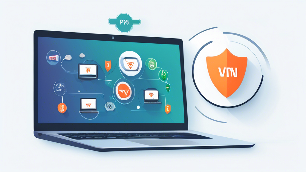 Create an illustration of a well-organized, sleek laptop screen displaying five distinctive VPN service icons. Each icon should have a brief label underneath (e.g., 