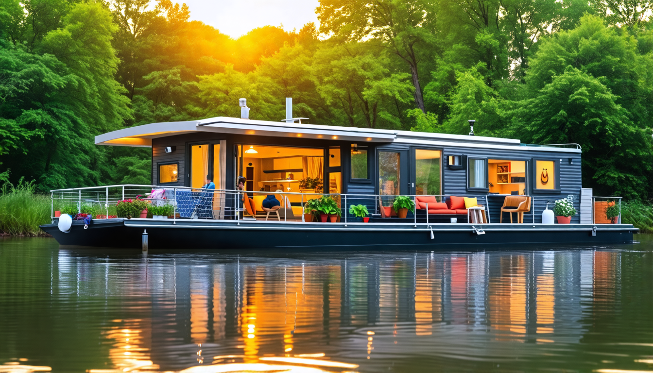 Create an image of a cozy houseboat docked on a serene river, surrounded by lush greenery. The scene should capture the essence of everyday life on a houseboat, with a small garden on the deck, people relaxing and enjoying their time. Include some practical elements for beginners like life jackets, solar panels, and well-organized storage. The weather is clear, with a soft sunset glow enhancing the tranquil atmosphere. Title the image: Tips for Beginners: Living on a Houseboat.