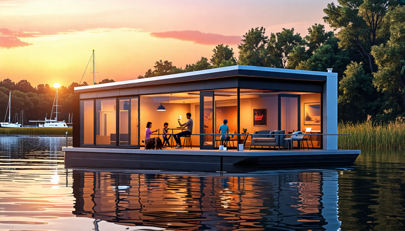 Create an image of a modern houseboat with large windows, surrounded by a calm lake at sunset. Show a family on the deck engaged in daily activities: a couple having coffee, children playing, and a pet dog relaxing. The background should feature picturesque natural scenery with a hint of a nearby marina. This scene should evoke a sense of peaceful daily life and community, aligned with real-life experiences and lifestyle of houseboat residents.
