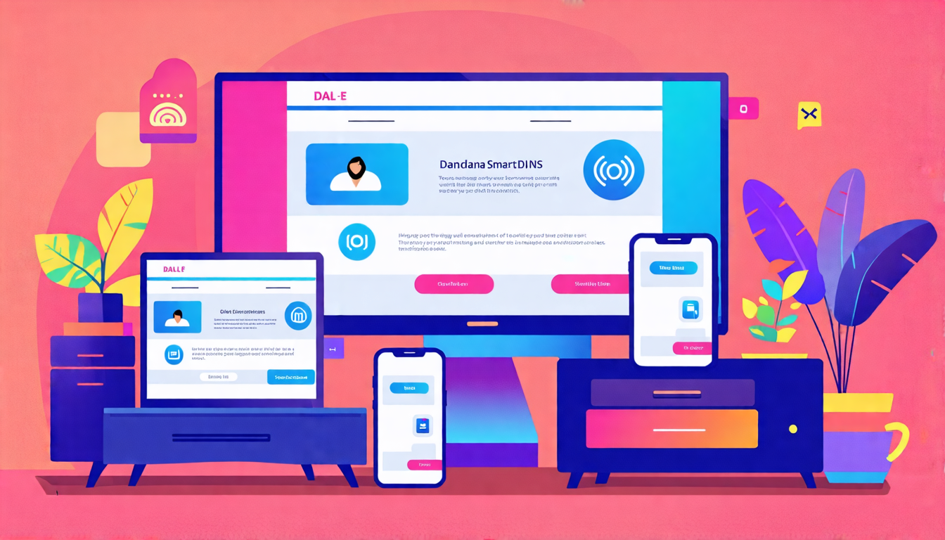 Create an image prompt for DALL-E:

Illustration of a modern living room with various smart devices (computer, smartphone, SmartTV) showing a step-by-step visual guide to configuring a SmartDNS service. Highlight the user-friendly interface on the screens, emphasizing clear instructions and ease of setup. Include icons or symbols representing criteria for selecting a SmartDNS service, such as speed, reliability, and compatibility. Add a small troubleshooting section addressing common issues encountered with SmartDNS, using simple graphics and concise labels. The overall style should be clean, informative, and visually engaging, suitable for a tech tutorial.