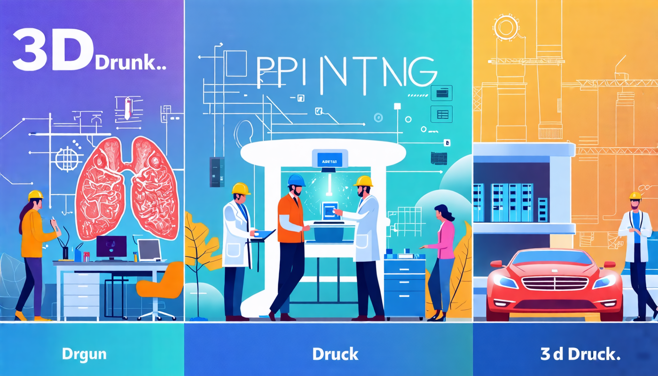 Create an image showing the transformative power of 3D printing across various industries. Highlight medical advances with a doctor examining a bioprinted organ, construction workers inspecting a 3D-printed sustainable building, and engineers working on a 3D-printed car or airplane part. The background should seamlessly blend elements of a hospital, a construction site, and an advanced manufacturing facility, illustrating the broad impact of 3D printing technology. Include high-tech machinery and a futuristic ambiance. Keyword: 3D Druck.