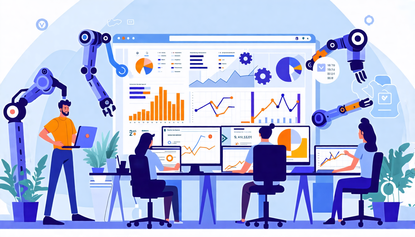 **DALL-E Prompt:** 

Create an image illustrating the impact of online accounting on the daily operations of businesses. Show a modern office setting with professionals working at their desks. Some workers are interacting with intuitive, colorful dashboards on their computers that display real-time financial data and analytics. Include visual elements that indicate automation, such as robotic arms or gears symbolizing automated processes, and highlight the seamless flow of tasks. Emphasize improved accuracy and reduced human errors with symbols like check marks or shields. Use a tech-savvy, futuristic aesthetic to convey efficiency and innovation in financial management through online accounting tools.

**Keyword:** onlinebuchhaltung