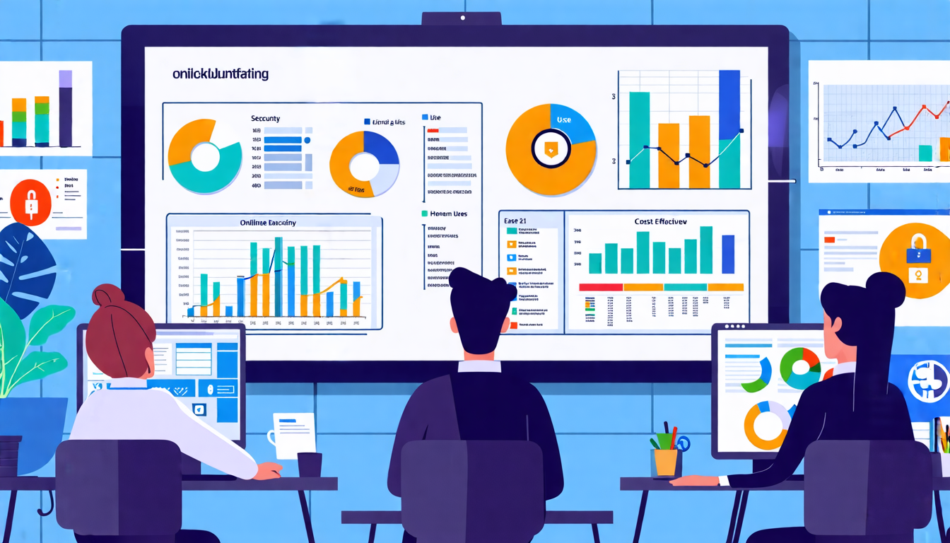 Create an image of a modern, well-organized office with a diverse team of professionals reviewing various online accounting software options on their computers. Include elements like checklists, charts, and diagrams on whiteboards, showcasing criteria such as 