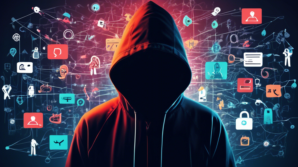 Create an image that showcases various threats to digital privacy and security, such as phishing, malware, ransomware, and data breaches. The image should feature a person surrounded by representations of these threats (e.g., phishing hooks, malware bugs, ransomware locks, broken data chains) in a digital environment. Include icons or text to label each threat clearly. The overall mood should be ominous yet informative, highlighting the importance of awareness and caution.