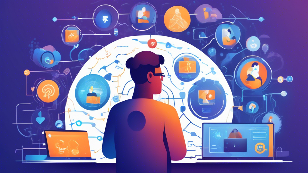 Create an illustration showcasing best practices for enhancing digital privacy and security. The image should feature a person surrounded by elements representing various strategies such as using VPNs, antivirus software, and secure passwords. Include icons or symbols for regular software updates, educational resources, and awareness, all connected by lines to the person to illustrate a comprehensive approach to digital safety. The background can display subtle tech-related imagery like binary code or padlock symbols to emphasize the theme of digital security.