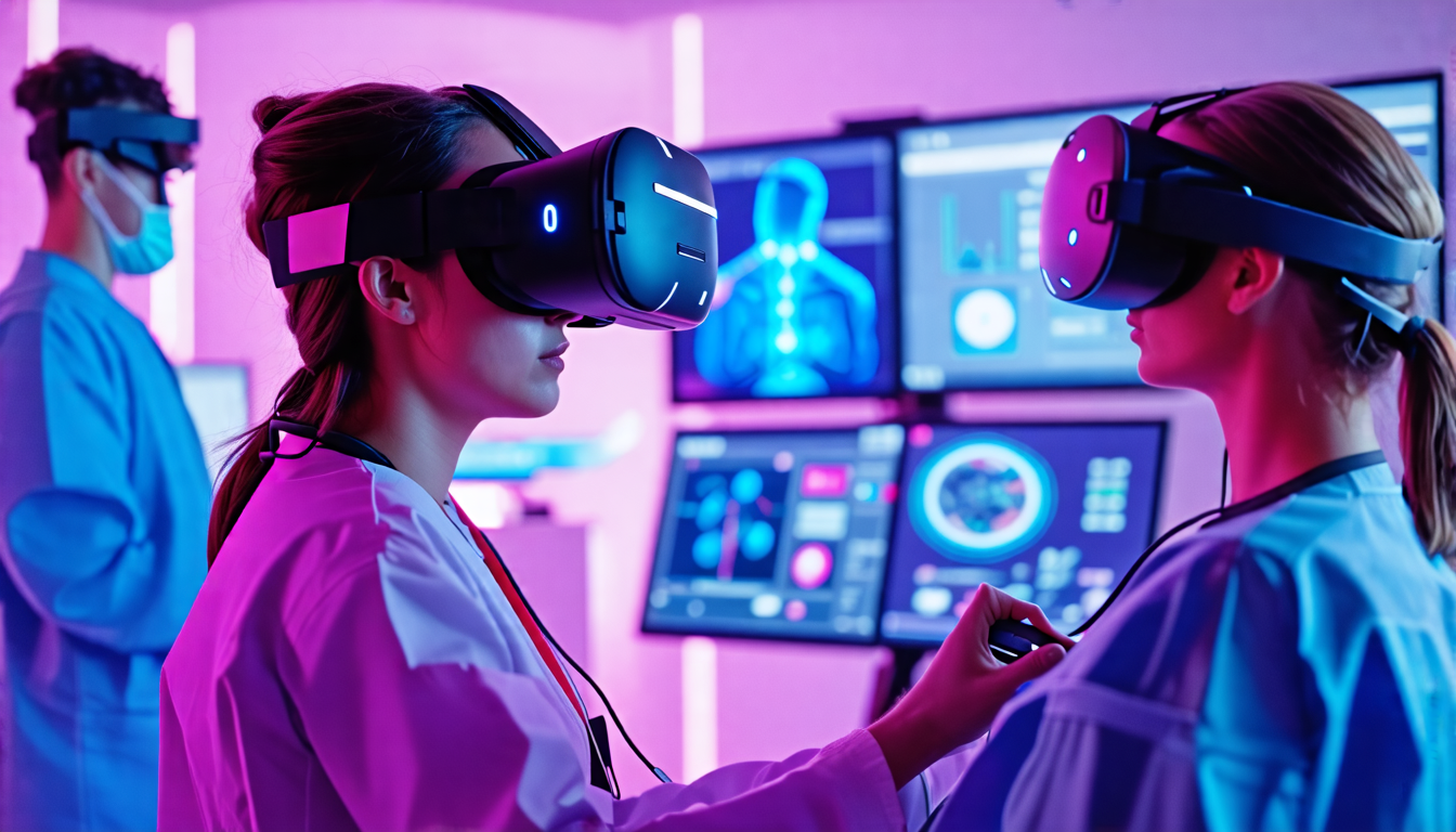 Create an image that showcases virtual reality applications across different industries. Visualize a diverse scene where a student uses VR for immersive learning, a doctor practices surgery with virtual reality, and a gamer interacts with a VR game. Inside a sleek, futuristic environment, display the VR hardware they are using, with a mix of educational content, medical diagrams, and vibrant gaming elements on the VR displays. Ensure the image reflects the versatility and innovation of VR technology in various professional contexts.