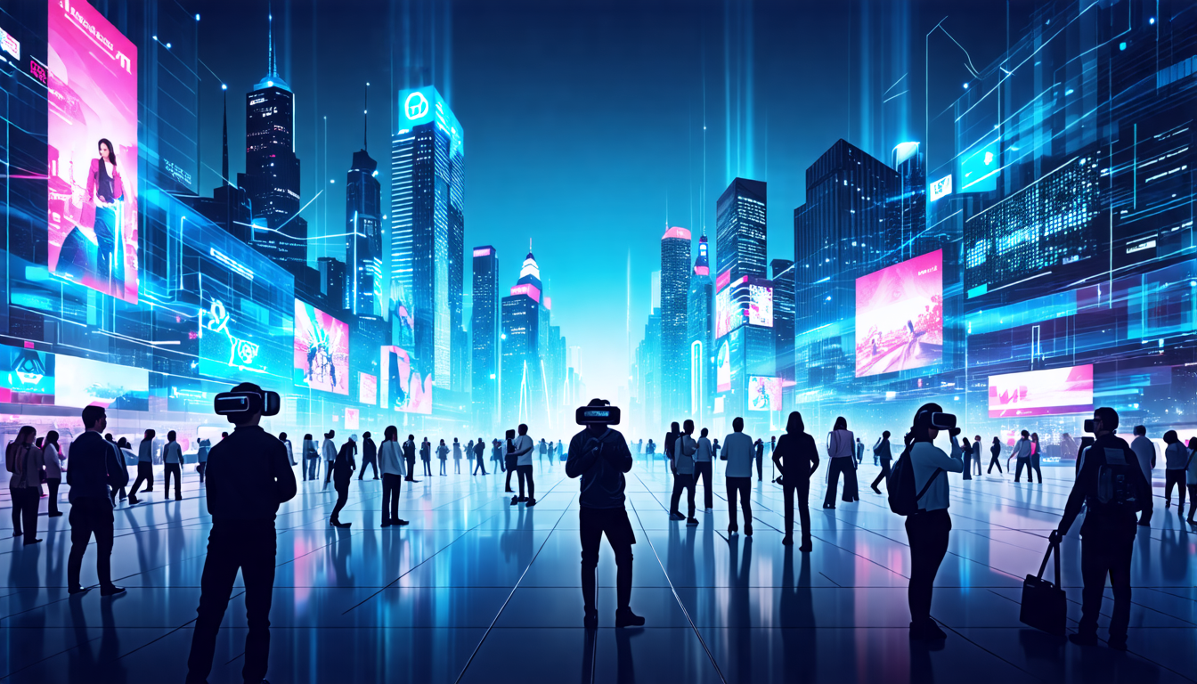 A futuristic cityscape where people interact seamlessly with virtual reality devices and environments, showcasing advanced VR technology improvements and emerging standards. The scene includes holographic displays, wearable VR gear with cutting-edge designs, and individuals engaged in various daily activities enhanced by virtual reality. The backdrop hints at the economic and societal impact of widespread VR adoption, with sleek buildings and vibrant digital advertisements illustrating the thriving virtual economy.