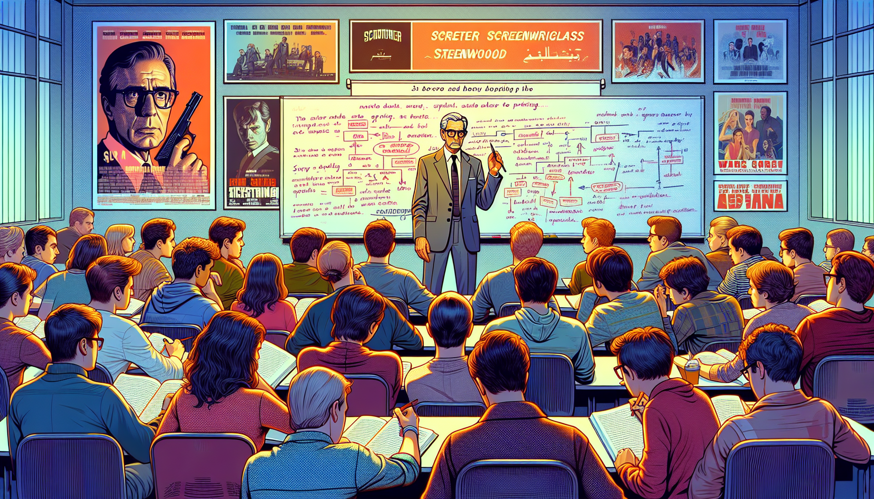 Create an image that focuses on an in-depth screenwriting class led by Aaron Sorkin. In the scene, Sorkin is standing in front of a whiteboard filled with notes and diagrams about story structure and pacing. Surrounding him are keen students taking notes, absorbed in the lecture. The setting should be a modern classroom with film posters of Sorkin