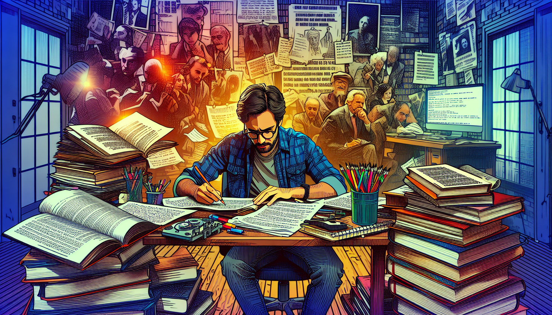 Generate an image depicting a dedicated screenwriting student deeply engaged in a step-by-step guide, filled with notes and script drafts, inspired by Aaron Sorkin
