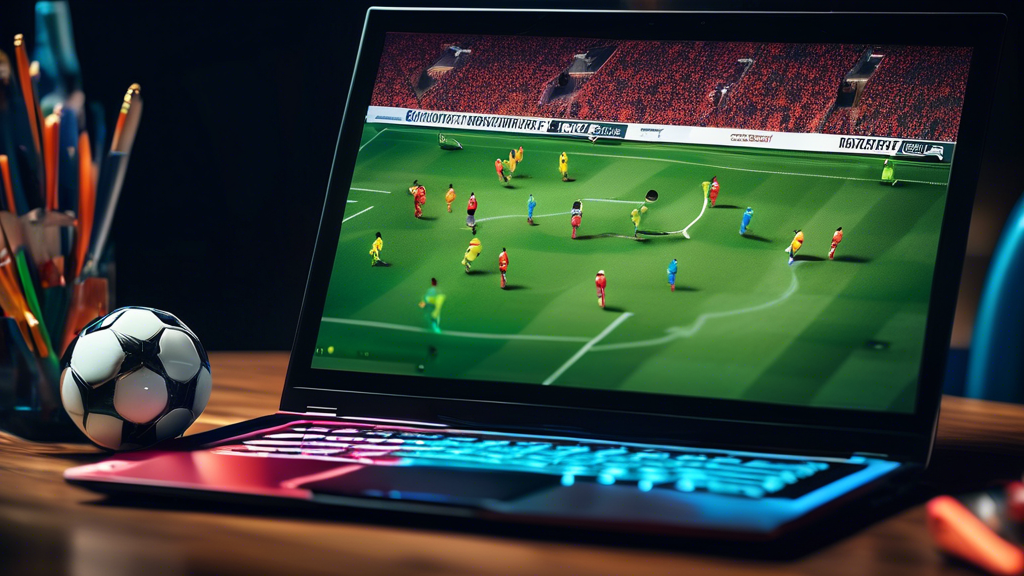 Create an image that showcases a vibrant, high-quality soccer match being streamed on a sleek laptop screen. The image should highlight the superior quality of the streaming with sharp, colorful visuals of the game in action. Surrounding the laptop, include icons or graphics representing additional functionalities like instant replays, detailed statistics, and live commentary features. The setting should imply flexibility and convenience — for example, a cozy living room with a comfortable chair and a cup of coffee nearby, suggesting that this streaming service allows viewers to enjoy soccer anywhere, anytime. Include a subtle Soccer Online Me logo on the laptop screen for branding.