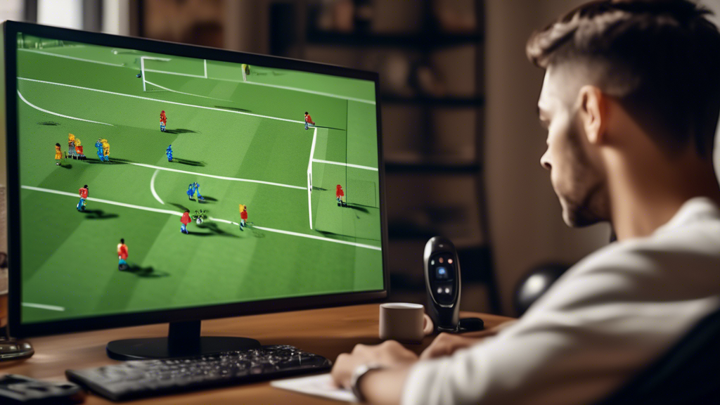 Create an image that portrays a person comfortably watching a soccer match on their computer in a cozy living room. The computer screen shows a soccer game with high-definition graphics, while a sidebar displays real-time statistics and replays. Nearby, a list of helpful tips and technical requirements is visible on a piece of paper. The scene exudes a sense of convenience and enjoyment, highlighting an optimal online soccer viewing experience. (Keyword: soccer online me)