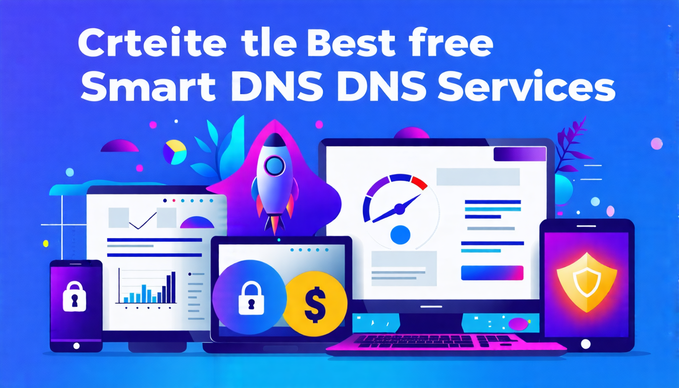Create an image that showcases the criteria for selecting the best free Smart DNS services. Include visual elements representing performance and speed (e.g., a speedometer or rocket icon), data security and privacy (e.g., a shield or lock icon), and ease of use and device compatibility (e.g., a user-friendly interface on various devices like smartphones, tablets, and laptops). Use modern, tech-themed graphics with a focus on clarity and simplicity. Text overlay can highlight the criteria in bold, easy-to-read fonts.