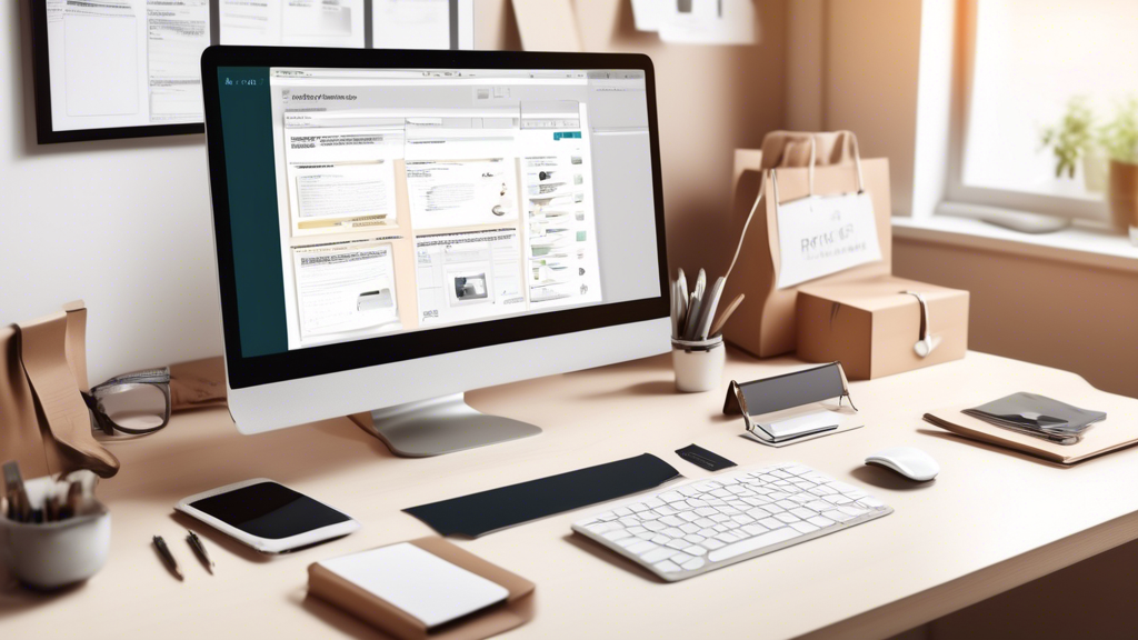 Create an image showing a workspace with a computer screen displaying a template for a privacy policy. The desk should have notes, checklists, and documents scattered around, illustrating the drafting process. The background could feature subtle ecommerce elements like shopping bags, a credit card, and a shopping cart icon to signify it