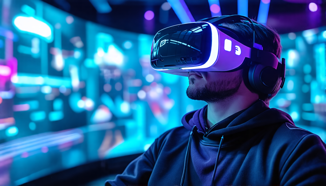 Create an image that showcases the latest technological advancements in VR headsets, featuring high-resolution displays, advanced motion sensors, haptic feedback, and 3D audio components. The scene should depict a gamer immersed in a highly detailed and vivid virtual environment, with visible elements like dynamic lighting and realistic textures that highlight the capabilities of current and future VR headset technologies.