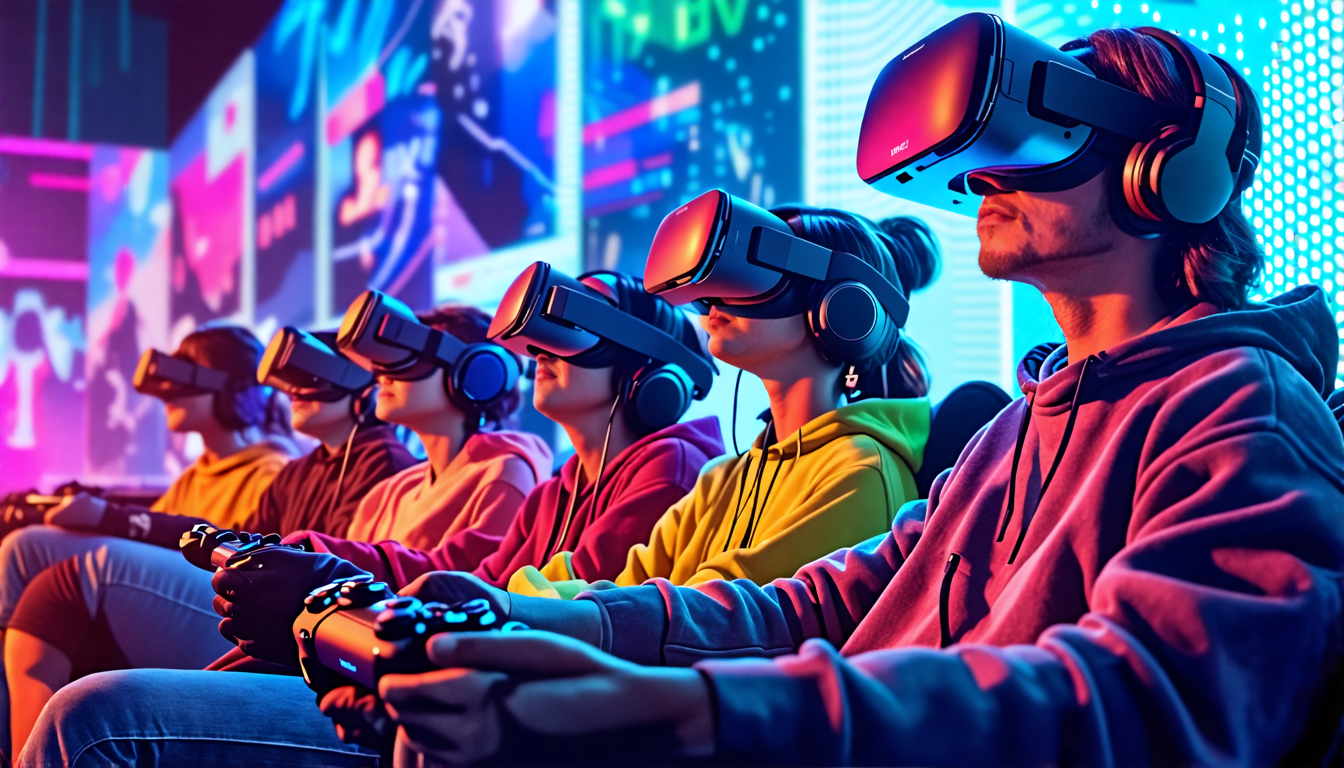 Generate an image that showcases the increasing acceptance and popularity of VR headsets in the gaming community. The scene should depict a diverse group of gamers of different ages and backgrounds, all immersed in their individual VR gaming experiences. Highlight state-of-the-art VR headsets with advanced features like high-resolution displays, haptic feedback gloves, and 3D audio headphones. Include futuristic gaming environments in the background to emphasize projections and trends for the future of VR gaming.