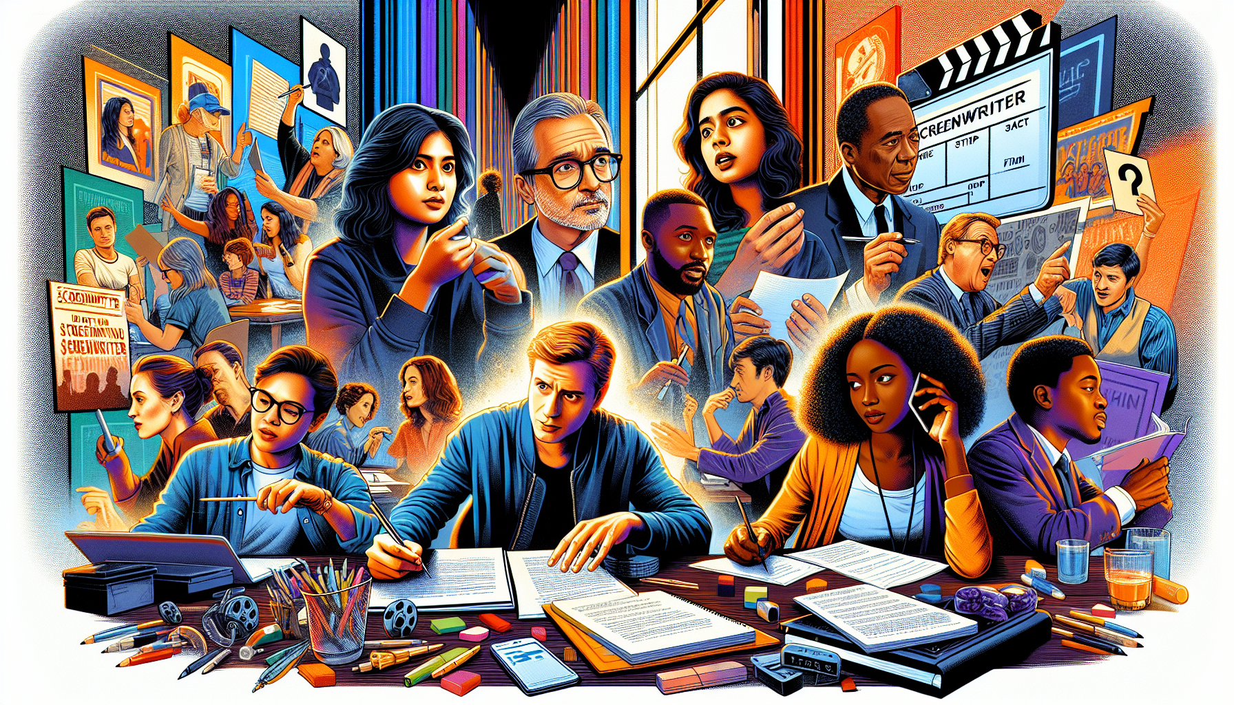 **DALL-E Prompt:** Create an image showing a diverse group of aspiring screenwriters at different stages of their journey. In one part of the image, a figure is attending a screenwriting workshop or class, taking notes. In another part, someone is working diligently on a script at a desk cluttered with papers and books. A third section features a networking event where screenwriters are talking, exchanging business cards, and connecting with industry professionals. Ensure the background includes elements like film posters, a clapperboard, and other items related to the film industry. The overall atmosphere should be inspiring and dynamic, showcasing the practical steps one can take to become a screenwriter.
