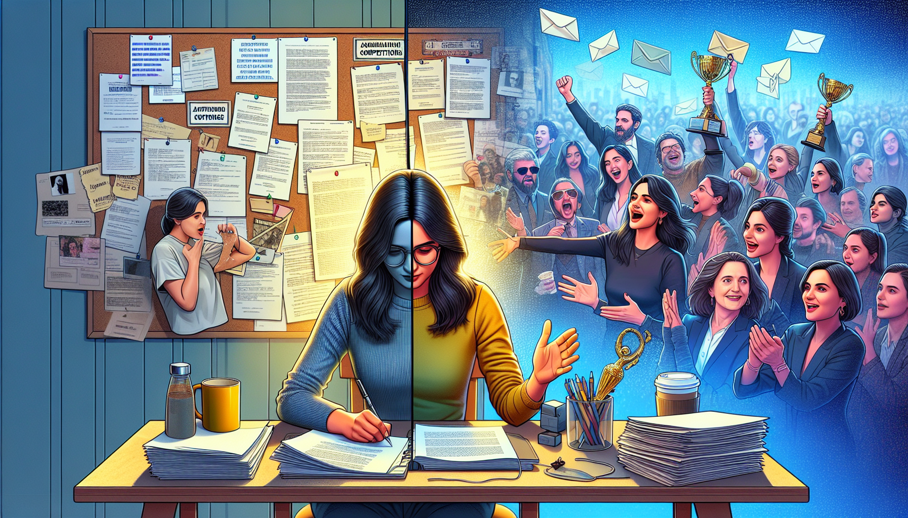 An image of a determined, young screenwriter passionately working at their desk cluttered with script pages and coffee cups, with a prominent stack of film and TV industry books. On a bulletin board behind them are pinned query letters, competition awards, and a list of agents