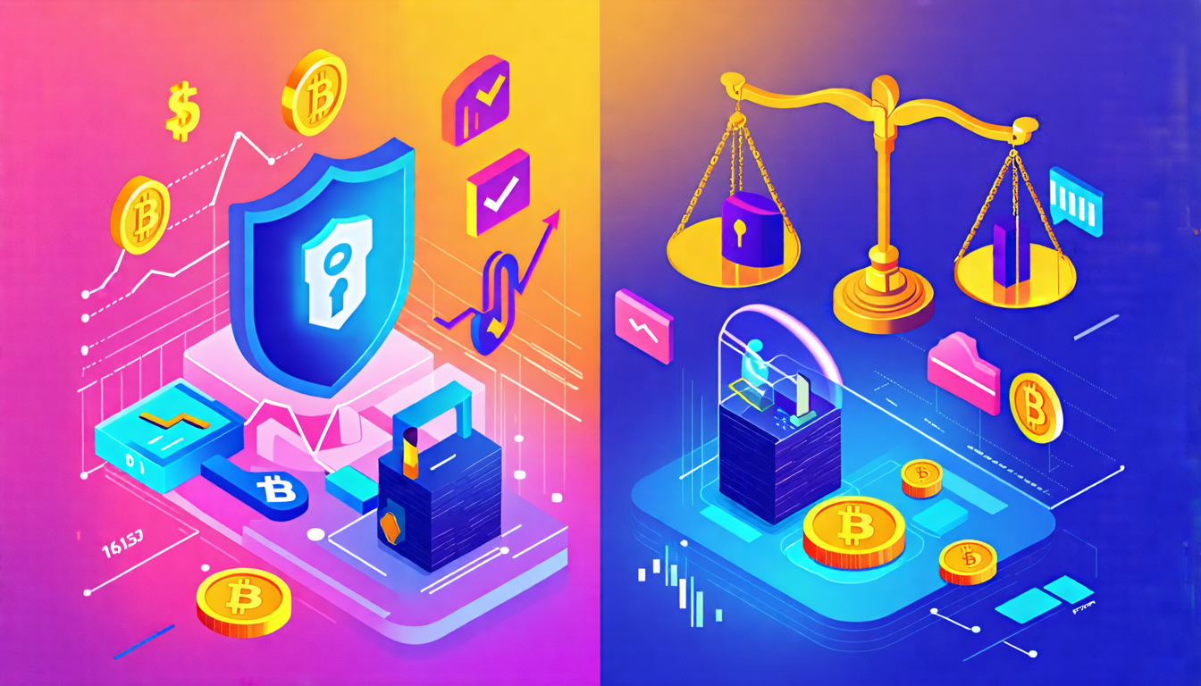 Create a digital illustration that shows a split view of advantages and challenges in the world of cryptocurrency cams. On one side, depict the benefits such as enhanced privacy, security, and anonymity with visual elements like locks, shields, and anonymous figures. On the opposing side, illustrate the challenges with symbols like fluctuating graphs to represent market volatility and legal scales to denote regulatory concerns. Include elements like cryptocurrency symbols, digital transaction icons, and real-world case study scenarios to comprehensively convey the contrasting aspects.