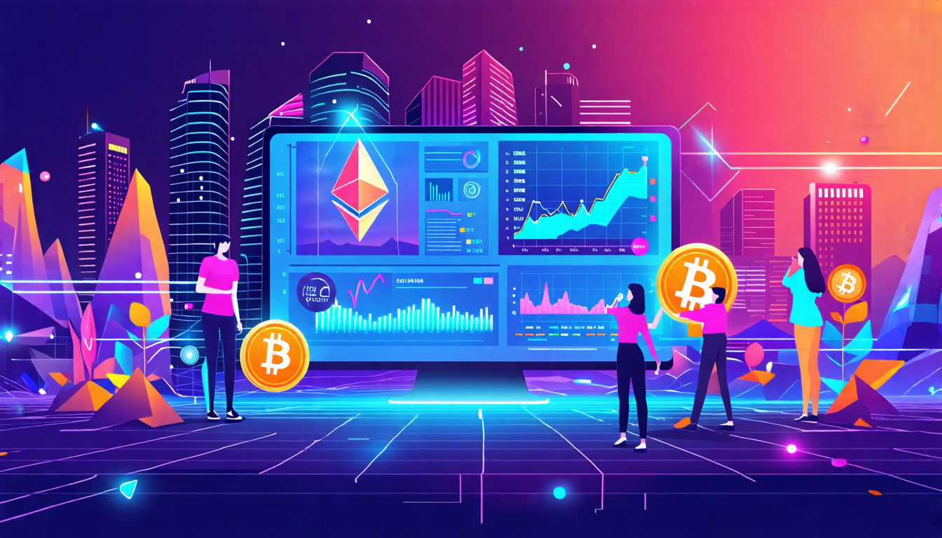 Create an image showing a futuristic digital landscape featuring a sleek, modern cam site interface prominently displaying cryptocurrency symbols (like Bitcoin, Ethereum). In the background, include holographic charts and graphs illustrating market trends and projections. Incorporate diverse avatars of users and performers engaging interactively, symbolizing the future of cryptocurrency cams. The overall vibe should be innovative and cutting-edge, with a focus on the evolution and potential of cryptocurrency in the adult industry.