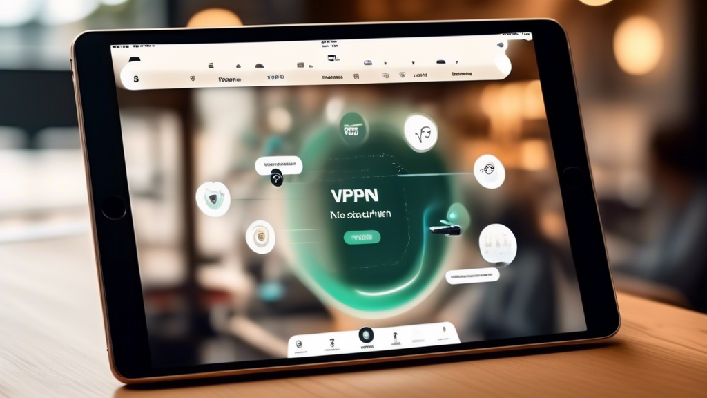 A high-resolution image showing a sleek iPad screen displaying a user-friendly VPN app interface. The app showcases intuitive controls, strong security features like a kill switch and no-log policy, and seamless integration with iPadOS. The background environment is a modern coffee shop with public Wi-Fi, hinting at the importance of VPNs for security and privacy. The image should have a clean, professional look with bright and engaging colors.