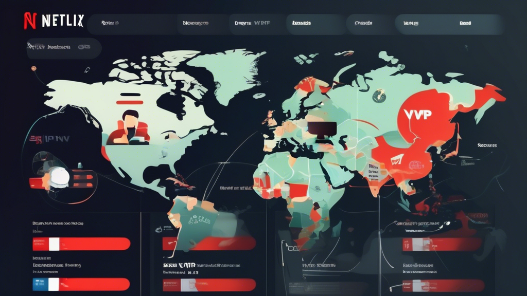 Create an image that visually represents the process of comparing different VPNs for streaming Netflix. Show a variety of VPN logos on a screen, a performance graph illustrating speed tests, and a world map with Netflix logos in different countries to highlight access to different regional catalogs. Add elements like customer support icons and a user-friendly interface. The style should be modern and informative, aimed at tech-savvy users looking for the best vpn for netflix.