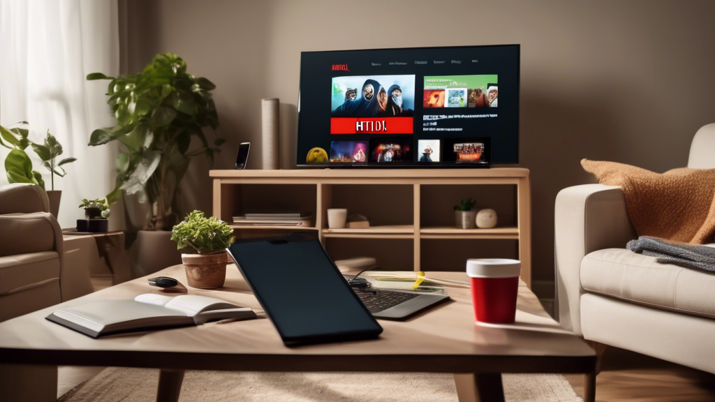 A cozy living room scene with a flat-screen TV displaying the Netflix logo. On a coffee table in front, there is a laptop and a smartphone, both showing a VPN application in the process of being set up. In the background, a step-by-step guide is visible on a tablet screen, helping users configure their VPNs. The atmosphere is relaxed and inviting, emphasizing a smooth and enjoyable setup process for 