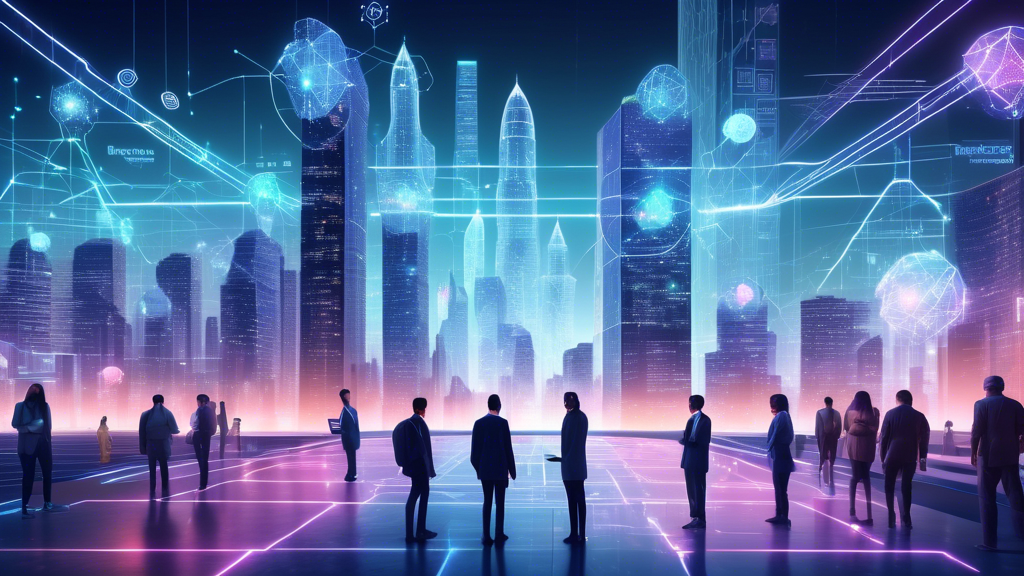 A futuristic cityscape with digital nodes and blockchain symbols seamlessly integrated into the environment. In the foreground, a diverse group of people engaged in a discussion about decentralized finance. Holographic charts display potential growth areas in DeFi, security measures, and regulatory icons. A pathway through the city symbolizes the journey and evolution of DeFi platforms, illuminated by futuristic lights and blockchain imagery.