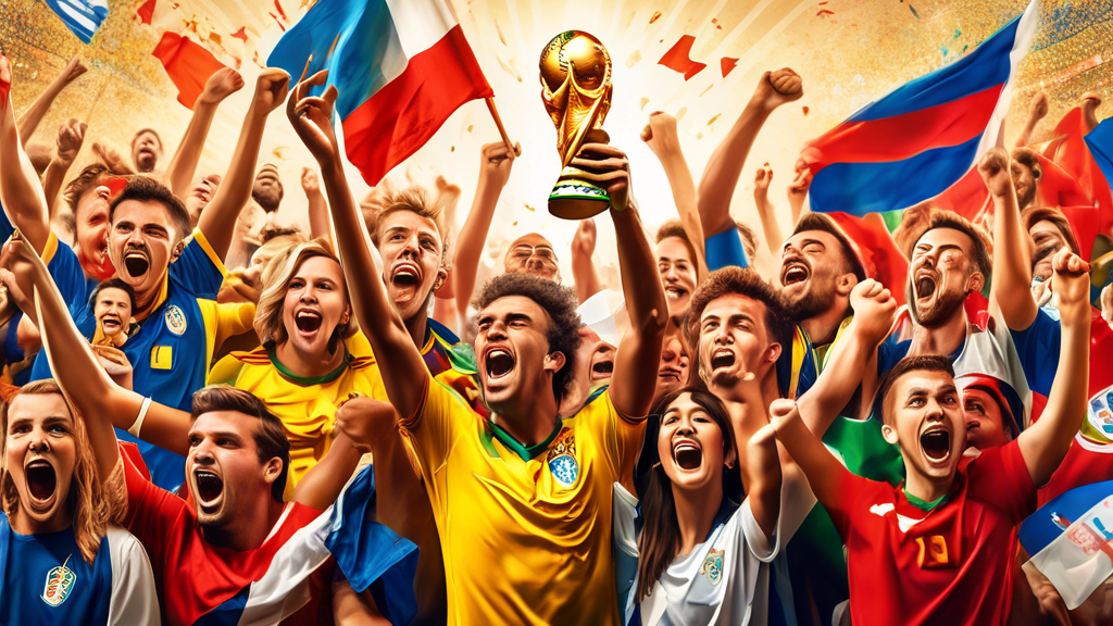 Create an image depicting the excitement and preparation of football fans attending a World Cup match. Show fans donning their national team’s colors, holding tickets, and waving flags. Include a bustling stadium in the background with iconic World Cup imagery, such as the trophy and official logos. Highlight the vibrant atmosphere and diverse groups of supporters coming together to celebrate the sport.