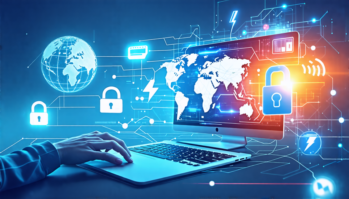 Create an image depicting a person comfortably streaming international content on a sleek, modern device, with icons and symbols such as globe, padlock, and lightning bolt, representing the ability to bypass geographic restrictions and minimal connection speed impact. Computer screen shows a variety of globally diverse content such as movies, sports, and news channels. Background highlights interconnected digital networks symbolizing worldwide access facilitated by smart DNS proxy servers.