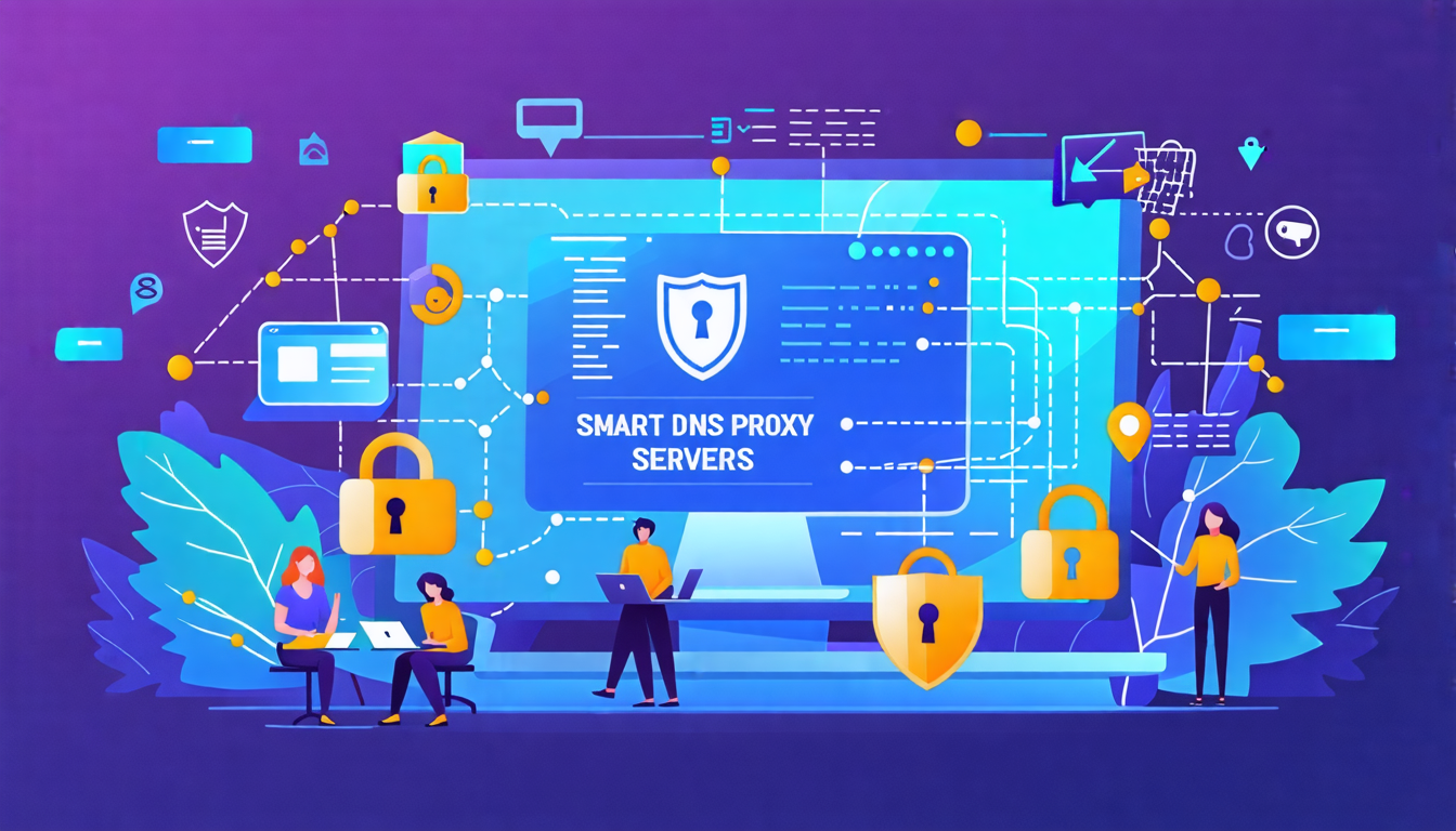 Create an image illustrating the security and privacy advantages of smart DNS proxy servers. The scene should depict a virtual environment with elements representing protection against phishing, online privacy, and safeguarding sensitive data. Incorporate visual metaphors like shields, encrypted data streams, and secure locks intertwined with a network. Include a diverse group of people using various devices, such as laptops, tablets, and smartphones, showcasing the universal application and benefits of smart DNS proxy servers. The overall tone should convey safety, confidence, and technological sophistication.