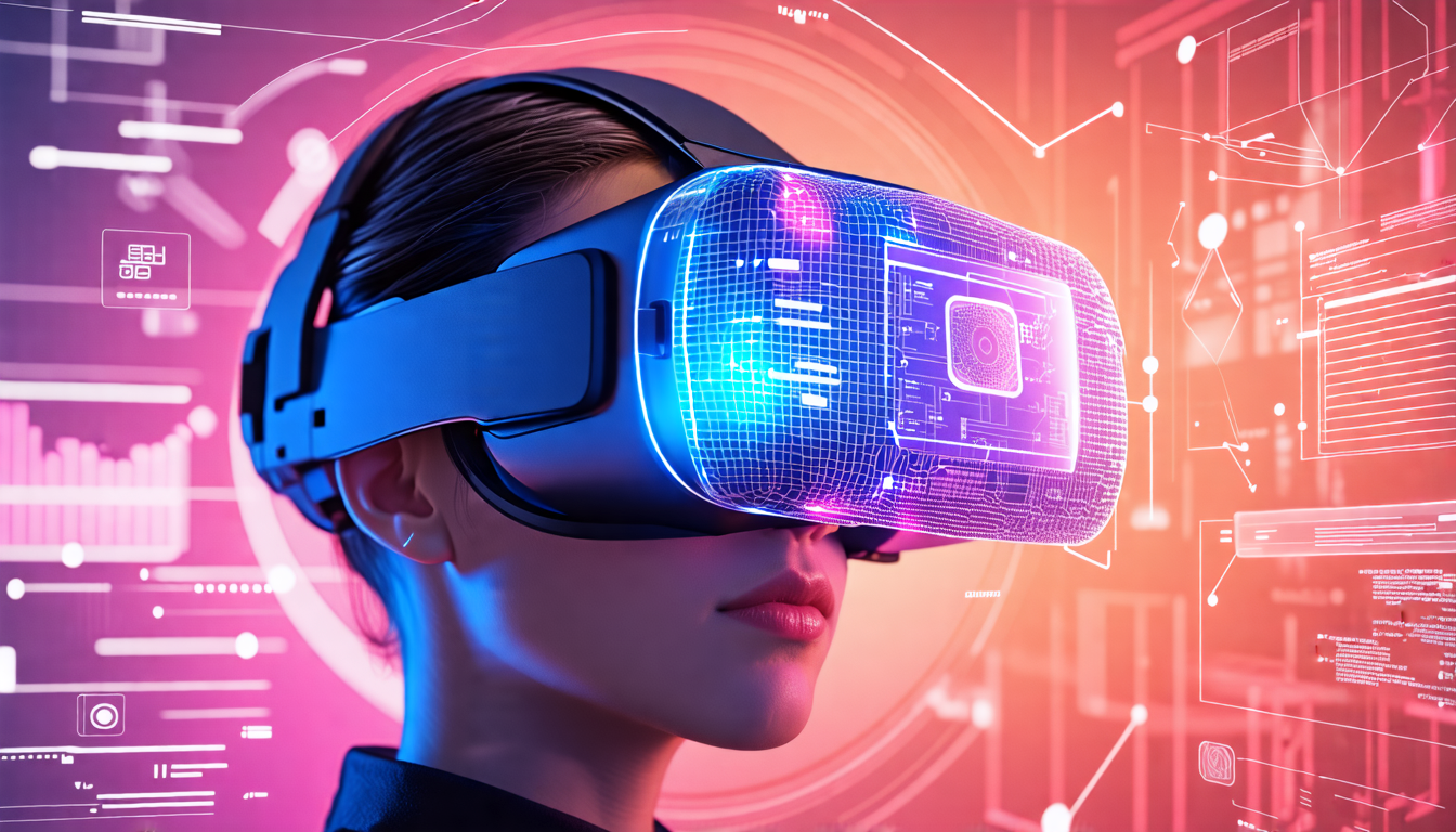 Prompt for DALL-E: Create an image of a sleek, modern virtual reality headset that showcases state-of-the-art technological features. The headset should have an ergonomic design with advanced sensors and motion tracking capabilities clearly highlighted. Surrounding the headset, depict an array of futuristic digital interfaces and holograms that suggest advanced software integration and immersive experiences. Incorporate elements that represent both hardware and software innovations, such as detailed schematics of internal components and visual effects demonstrating cutting-edge VR technologies.