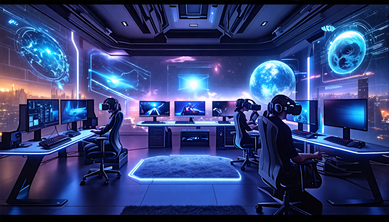 Create an image of a futuristic gaming setup featuring the latest advancements in virtual reality headsets. The scene should show a high-tech room with cutting-edge VR headsets (like an evolved version of Oculus Rift, HTC Vive, and PlayStation VR) being used for gaming. Highlight innovative features such as advanced haptics, hyper-realistic graphics, and seamless user interfaces. Include individuals fully immersed in their gaming experiences with realistic in-game holograms and environments visible around them. Emphasize a transformative and exhilarating atmosphere that foreshadows the future of gaming with VR technology.