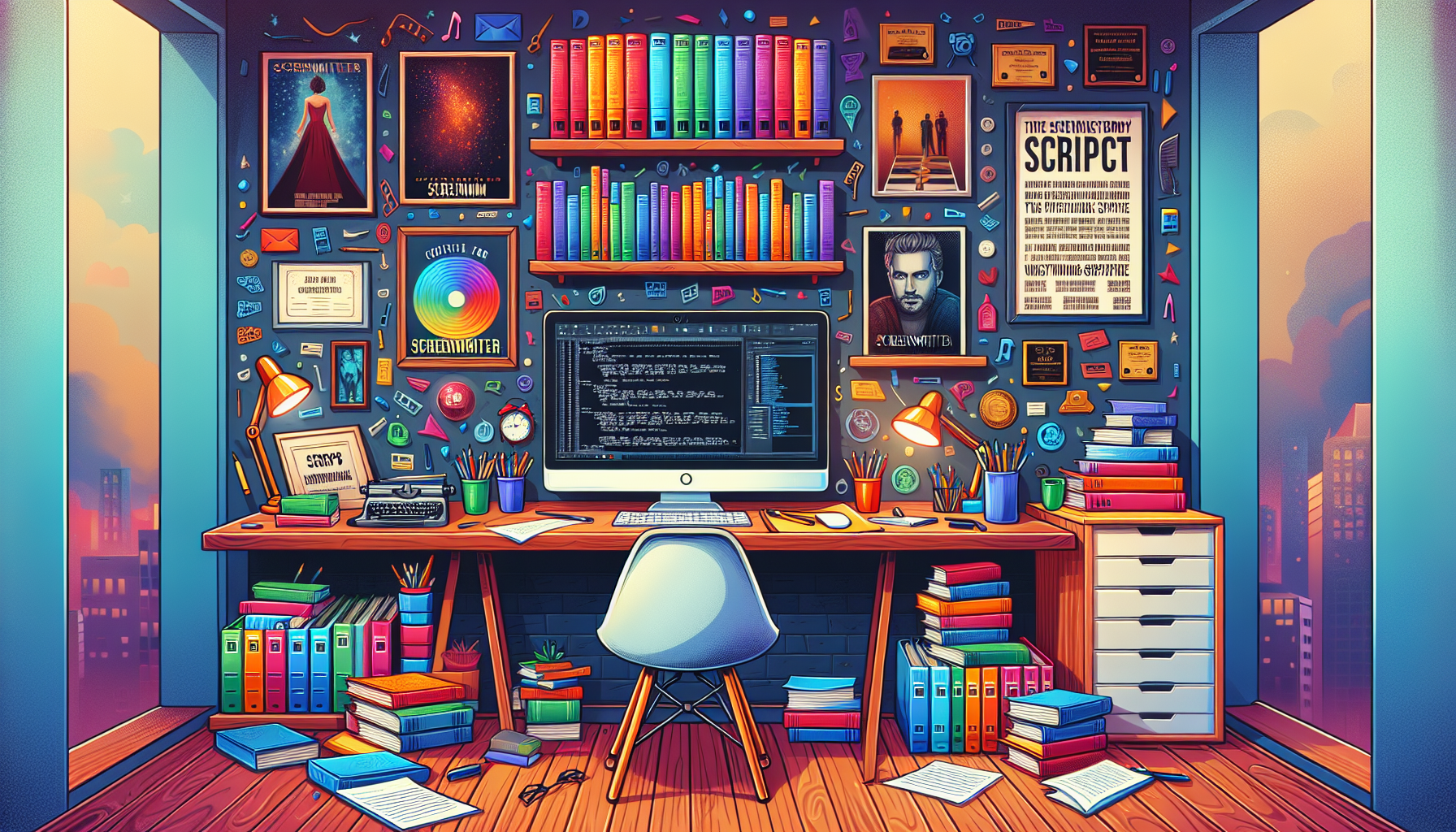 Create a detailed and vivid illustration of an aspiring screenwriter