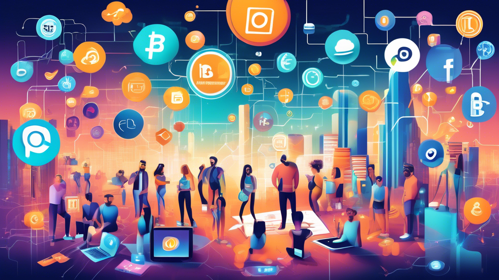 Generate an image of a dynamic digital landscape showcasing the hustle and bustle of various social media platforms intertwined with blockchain elements. Feature influencers promoting cryptocurrencies with engaging content, surrounded by futuristic symbols representing content marketing, such as blogs, videos, and infographics. The visual should blend innovation and technology, highlighting the strategic synergy between social media, influencer marketing, and content marketing in the crypto space. Keywords: crypto marketing, social media, influencer marketing, content marketing, blockchain.