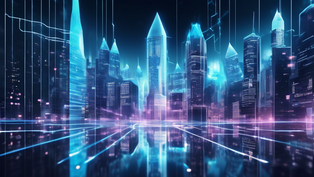 Create an image that encapsulates Crypto Marketing Compliance and Security. The scene should feature a futuristic digital cityscape with tall skyscrapers incorporating blockchain visuals, where elements like transparent shields and legal documents float above, symbolizing compliance and security. Ensure that cyber threats like ominous figures or dark shadows are visibly being blocked or neutralized by the shields. High-tech holograms and data streams should illustrate blockchain transparency and trust. The keywords to highlight in the visuals include Compliance, Security, Transparency, and Trust.