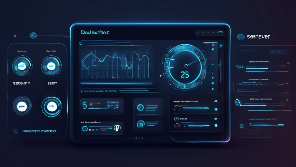 Create an image of a digital dashboard displaying various metrics such as security protocols and encryption standards, no-log policies, speed tests, and server locations. The dashboard should have an intuitive user interface with icons representing each of these features (e.g., a padlock for security protocols, a globe for server locations, and a speedometer for speed tests). The background can include visual cues that reflect advanced technology and online security, and the title Key Features to Look For in a Good VPN should be prominently displayed at the top.