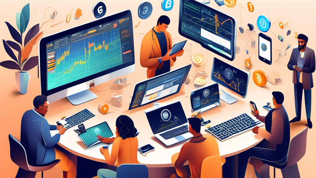 A detailed digital illustration of a diverse group of traders using various devices (smartphones, tablets, laptops) on a modern cryptocurrency trading platform. The image should show different sections of the platform tailored for users of varying expertise levels—beginners with easy-to-understand options, and advanced traders with complex charting tools. Display a wide range of cryptocurrencies available for trading, and include additional features like automated trading bots and educational resources on separate screens. The background should have a futuristic, high-tech aesthetic to emphasize innovation in the cryptocurrency trading space.