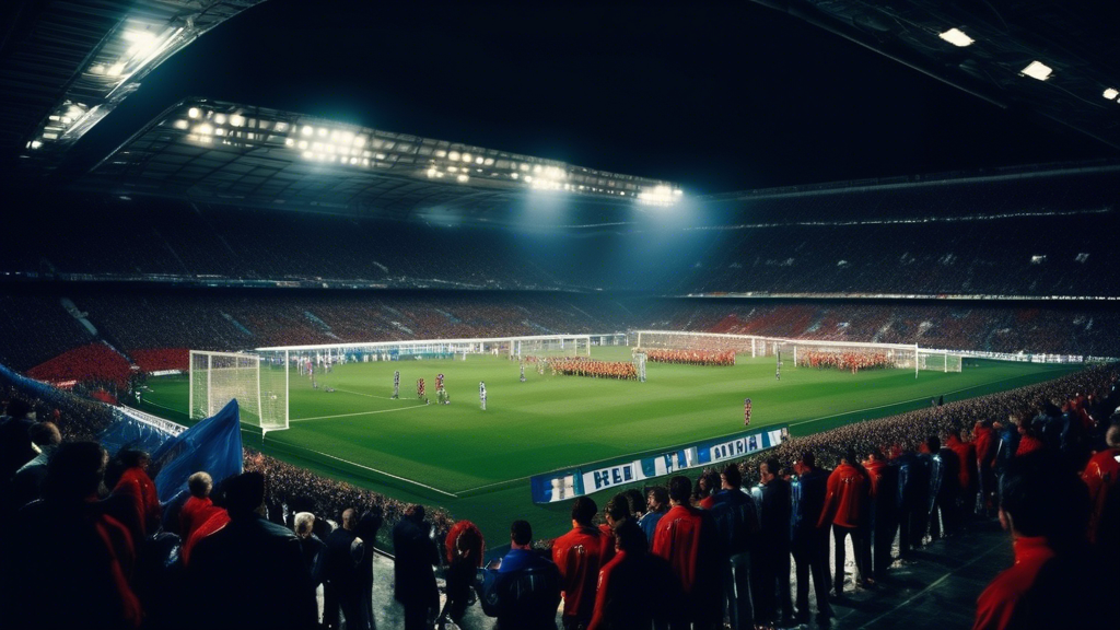 Dramatic stadium setting during a night soccer match between Real Sociedad and Manchester United, with dazzling floodlights illuminating the field. Real Sociedad and Manchester United players are shown intensely focused, and the crowd exudes an air of anticipation and excitement. Some fans are holding scarves, wearing team colors, and waving flags. Add visual elements that hint at expert analyses, such as projected statistics, player profiles, and performance charts subtly blended into the background, emphasizing predictions and expectations for the upcoming game.