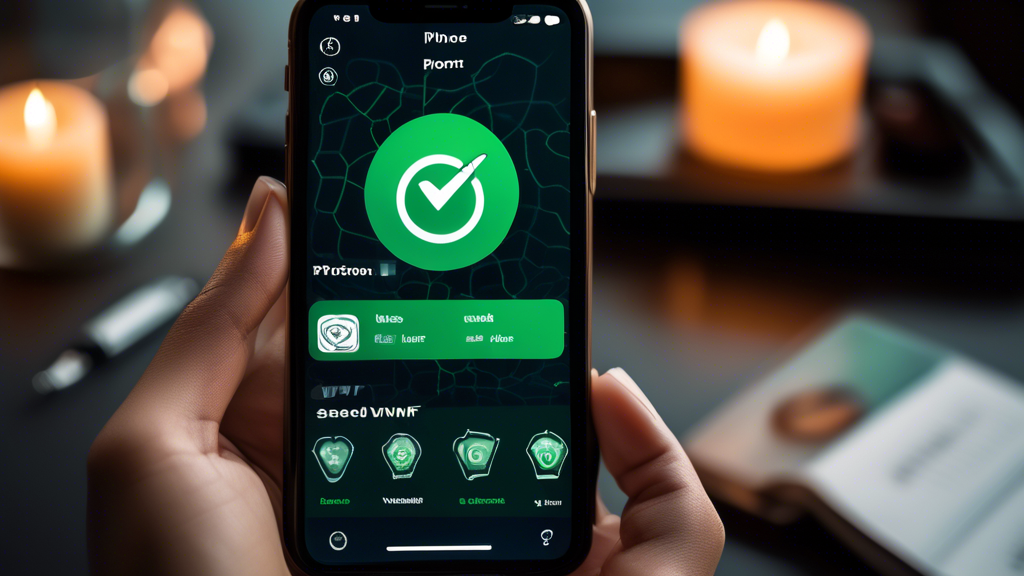 Show a person holding an iPhone and comparing different VPN apps on the screen. The background should display icons or graphics representing speed, data limits, user interface, and security measures. The iPhone screen should show app icons like ProtonVPN, Windscribe, and Hide.me, symbolizing the selection process. Use a clean, modern digital aesthetic with a focus on clarity and ease of understanding.