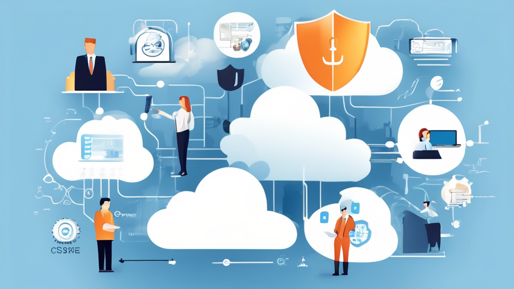 Create an image that illustrates the best practices and strategies for implementing CSPM (Cloud Security Posture Management) in a corporate environment. Show a step-by-step process with key stages, integration into existing security measures, and highlight successful case studies. Include visual elements like flowcharts, cloud infrastructure diagrams, and corporate team collaboration to enhance the understanding of CSPM integration.