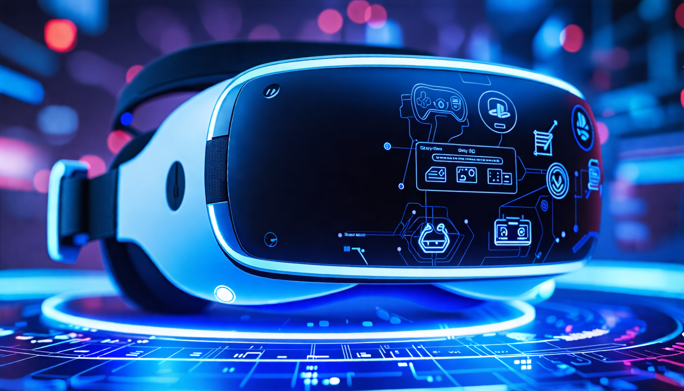 Create a highly detailed and realistic image showcasing the latest features and specifications of the Playstation VR. Include a close-up of the headset highlighting its sleek design, advanced sensors, and ergonomic features. Surround the headset with floating holograms depicting the newest software updates and game icons. Incorporate elements that emphasize user comfort, such as soft padding and adjustable straps. Use a futuristic and tech-savvy background to enhance the overall high-tech atmosphere.