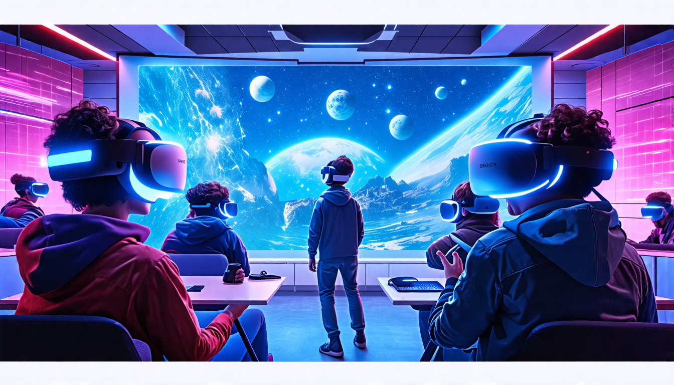 Create an image of a futuristic scene featuring the next generation of Playstation VR. Depict a diverse group of excited users engaging with the VR headset in various futuristic applications beyond gaming, such as virtual classrooms, remote business meetings, space exploration, and immersive art experiences. Highlight advanced technology features such as ultra-slim designs, holographic displays, and seamless connectivity in a highly detailed and vibrant environment.