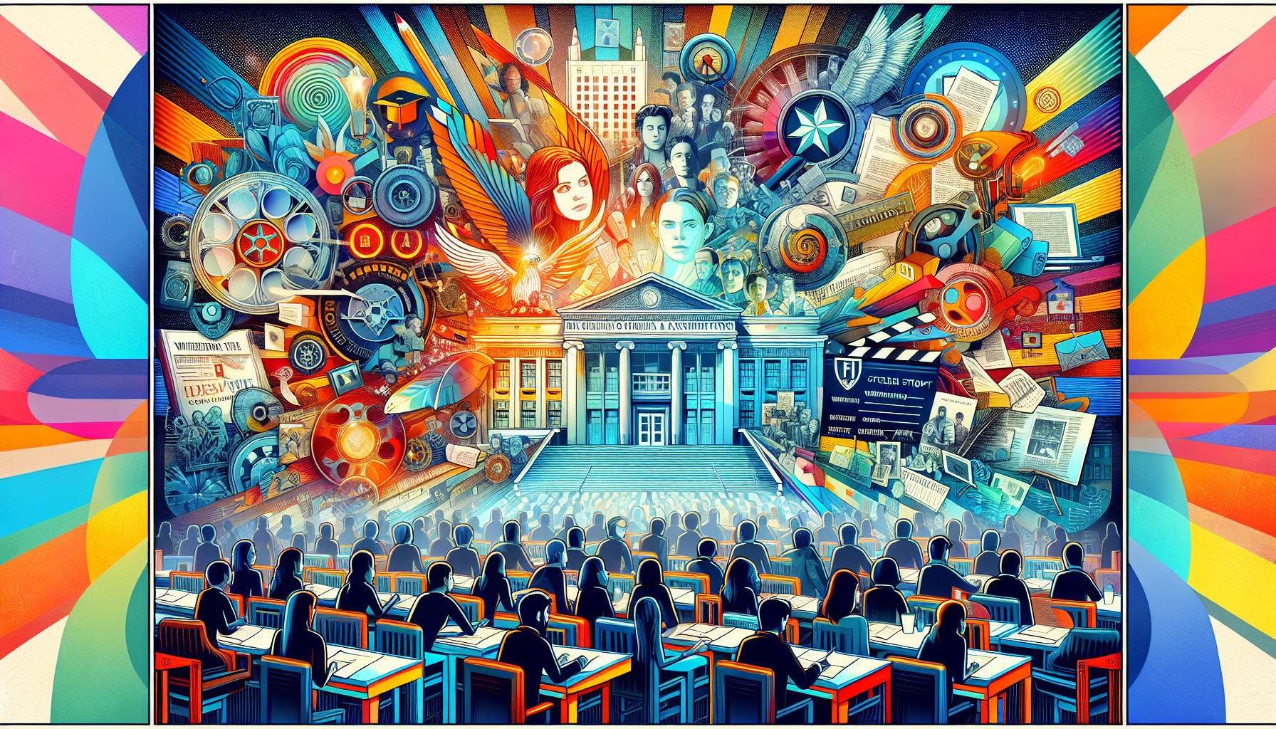 Prompt: Showcase a collage of movie posters and TV series thumbnails in vibrant colors, each with a note indicating 