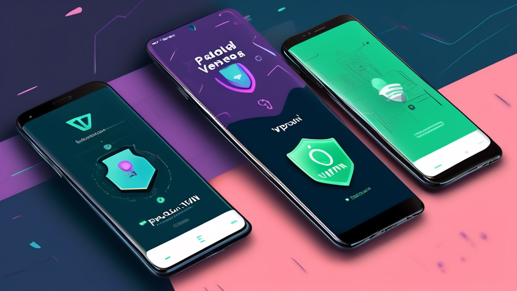 Create an image showcasing the top free VPNs for Android in 2023. The scene features stylish Android smartphones with various VPN app icons like ProtonVPN, Windscribe, and TunnelBear displayed prominently on their screens. The background is a sleek, tech-inspired design with subtle graphical elements representing security and privacy, such as padlocks and shields. A clear, bold title at the top reads Best Free VPNs for Android in 2023.