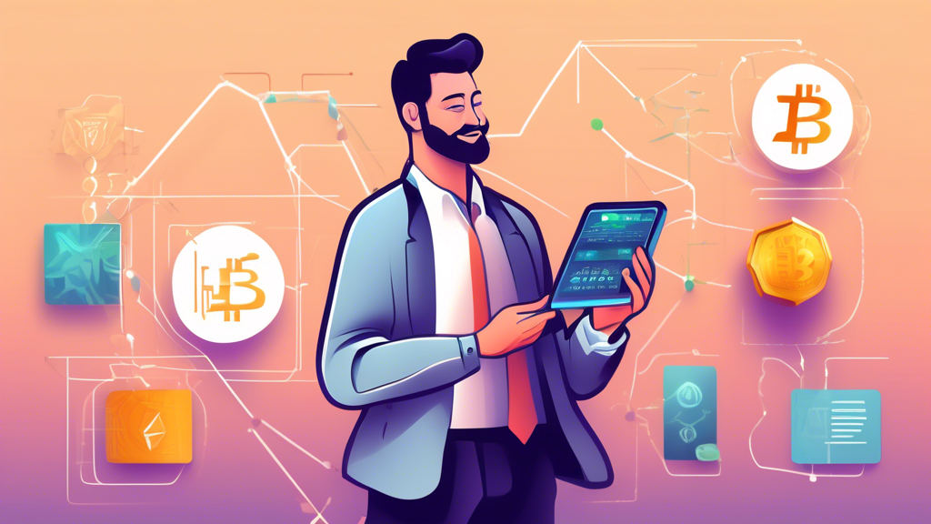 Create an illustration showing different methods to earn finance with crypto. One part of the image should depict an investor holding a digital wallet with increasing value graphs behind them to illustrate the 