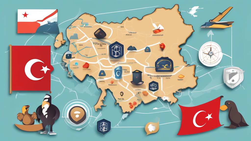 Create a digital illustration showcasing three popular free VPN services used in Turkey. The image should feature logos and mascots of Windscribe, ProtonVPN, and TunnelBear, each with distinctive design elements representing their unique features and benefits. Add a map of Turkey in the background with outline highlights to symbolize secure and private browsing. Incorporate icons for key features like high-speed servers, strong encryption, and easy usability to emphasize their strengths.