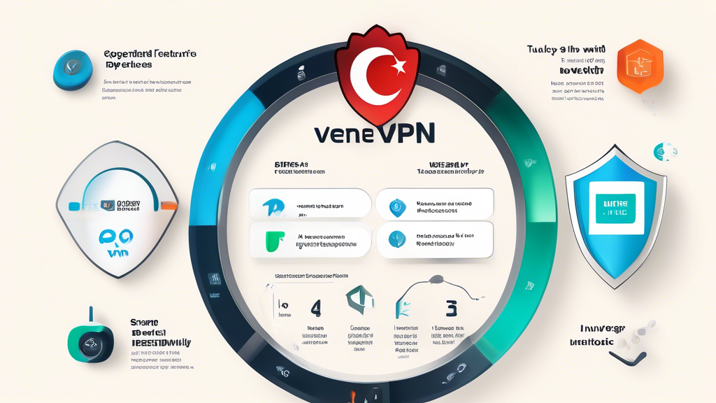 A detailed infographic showcasing the essential features to look for in a free Turkey VPN service. Highlight High-Speed Servers and Unlimited Bandwidth with a speedometer icon and a data flow graphic. Represent Strong Encryption Protocols and No-log Policies with a lock icon and a shield icon. Illustrate a User-friendly Interface and Reliable Customer Support with a simple, intuitive app interface on a mobile device and a friendly customer support representative icon. Ensure the text 